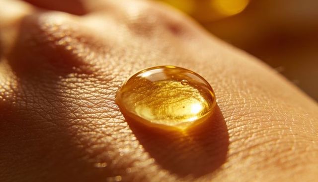 Golden serum droplet sitting on skin macro with glossy reflective highlight and shadow