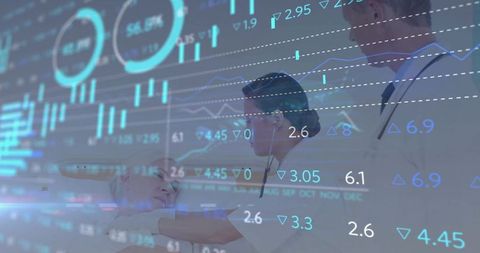 Nurse Examining Patient with Digital Charts Overlay