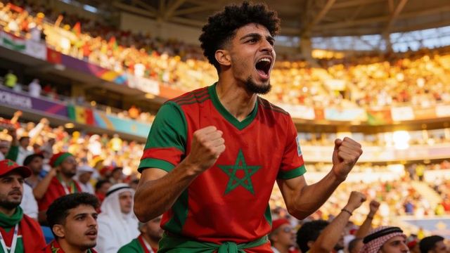 Moroccan football fan cheering passionately in sunlit stadium wearing red green jersey