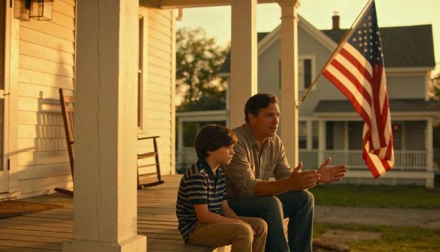 Father and son sitting on porch steps at sunset with american flag conveying family moment