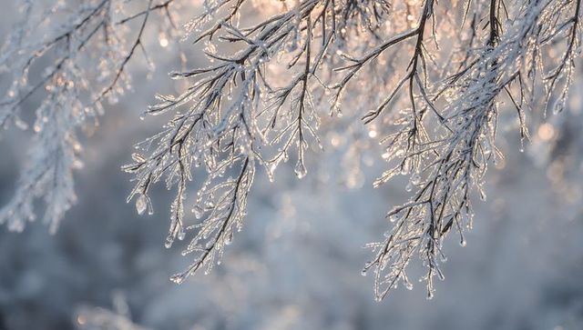 Glistening frosted branches catching warm sunrise light, backlit icicles and bokeh
