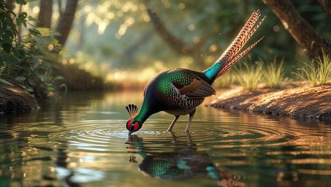 Elegant pheasant animal drinking from sunlit woodland stream