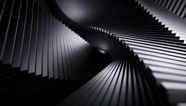Metallic Ribbed Spiral with Serrated Edges Creating Futuristic Abstract Geometric Texture