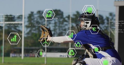 Baseball catcher with digital overlay of eco and code icons