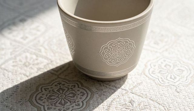 Beige ceramic cup casting diagonal shadow on woven medallion tablecloth in soft sunlight