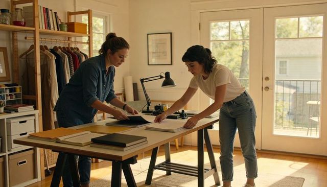 Two women collaborating and sorting design portfolios in bright home studio workspace