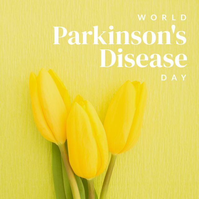 Perfect for promoting World Parkinson's Disease Day, this image features bright yellow tulips contrasted against a light green background, creating an inviting and gentle visual. Use this image for social media posts, event flyers, health awareness campaigns, or educational materials to inform and support individuals impacted by Parkinson's disease.