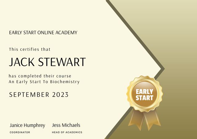 Elegant certificate commemorates successful completion of an online biochemistry course, personalized for individual achievers. Ideal for educational institutions, online academies, and training programs to recognize academic accomplishments and motivate students.