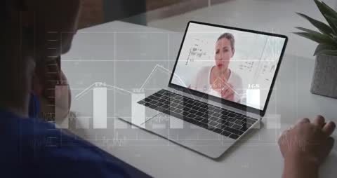 Person Video Conferencing While Examining Financial Charts on Laptop Screen