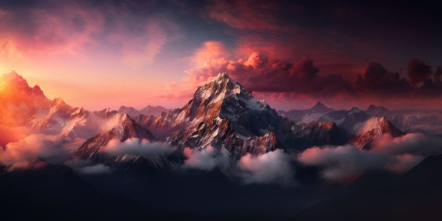 Stunning image capturing majestic mountain range at sunrise. Snow-capped peaks rise through billowing clouds. Ideal for use in travel brochures, nature magazines, desktop wallpapers, inspirational posters, and promotional materials for adventure tourism.