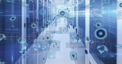 Futuristic Data Center with Holographic HUD Technology
