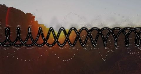 Sunset Mountain Landscape with Digital Waveform Overlay