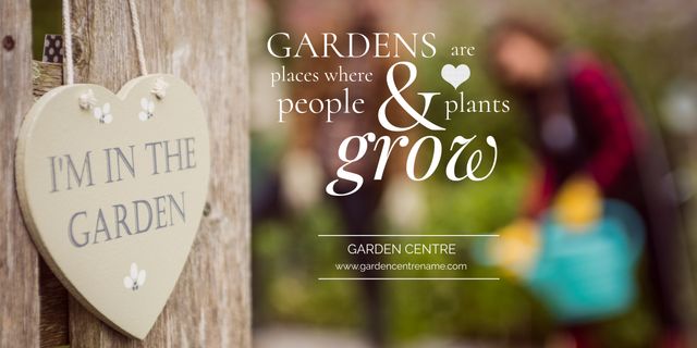 This banner features a heart-shaped sign stating 'I'm in the Garden' with an inspirational quote about gardens in the background. Ideal for seasonal promotions for garden centers, spring campaigns, or gardening blogs, this template includes space for website and center's name. Perfect for creating engaging social media posts, online advertisements, and blog headers.