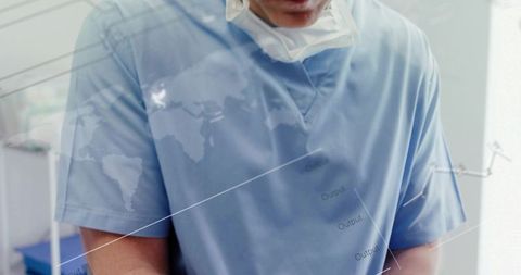 Clinician adjusting medical equipment wearing blue scrubs and mask with tech chart overlay