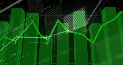 Green 3D Bar Chart with Neon Line Graph Illustrating Market Growth and Fluctuations