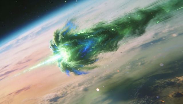 Green-blue energy plume sending focused beam toward planet horizon