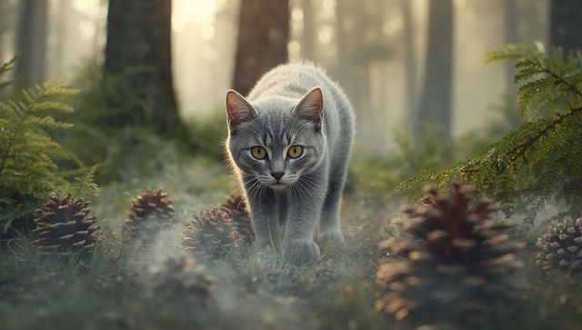 Gray cat exploring misty forest with pine cones on ground