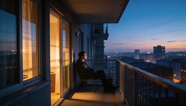 Man sitting on high-rise balcony watching city skyline at twilight