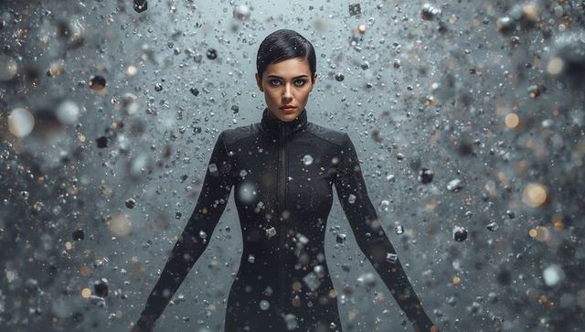 Futuristic female model standing amid floating metallic particles and geometric cubes