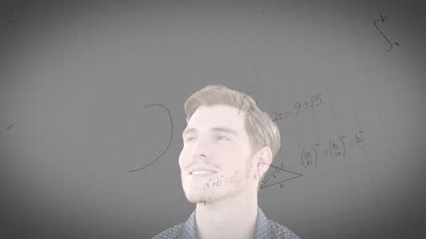 Caucasian Man Surrounded by Animated Mathematical Formulas