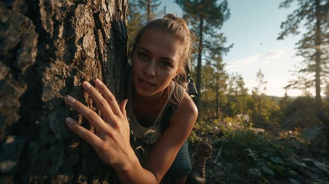 Female Hiker Touching Pine Trunk During Golden Hour Hike in Conifer Forest