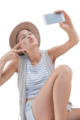 Playful Woman Making Peace Sign Posing for Transparent Selfie