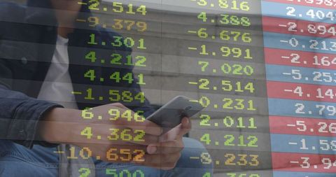 Man on Steps Checking Smartphone with Stock Market Overlay