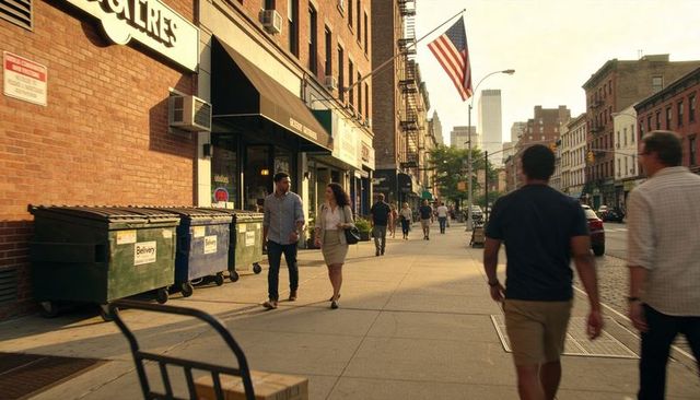 Couple walking and talking on sunny urban sidewalk with storefronts and american flag