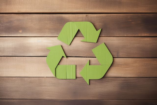 Green arrows recycling sign on wooden background, created using generative ai technology. Recycling, environment and climate change awareness concept digitally generated image.