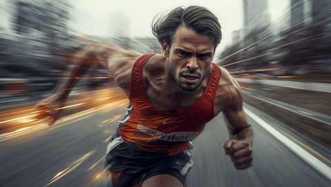 Sprinter powering through urban street with dramatic motion blur and dynamic energy