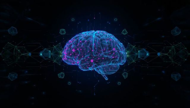 Futuristic Wireframe Brain with Digital Nodes in Dark Space