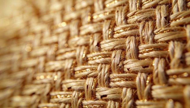 Macro weaving of natural fiber placemat featuring gold metallic thread and warm bokeh