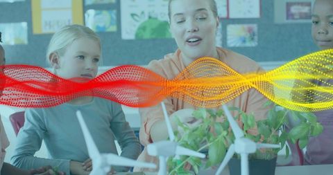 Teacher guiding students through hands-on stem lesson with wind turbine models and plants