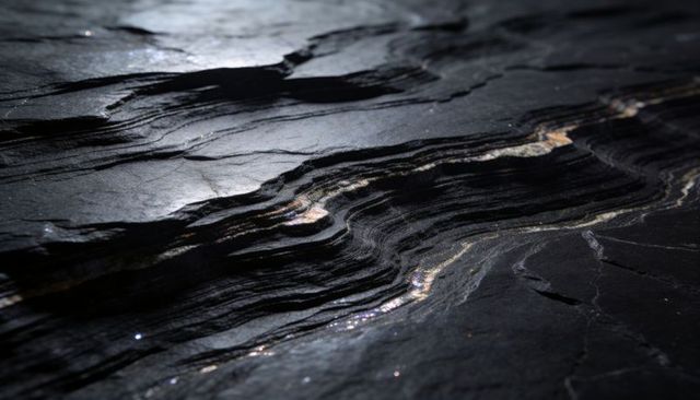 Dark foliated metamorphic rock revealing wavy stratification and glittering mineral veins
