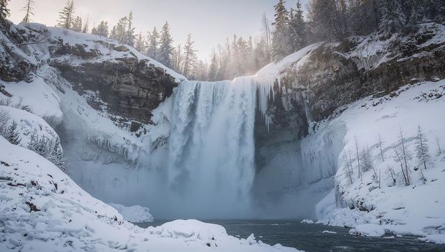 Alpine frozen waterfall cascading into misty pool in snow-covered canyon with icicles