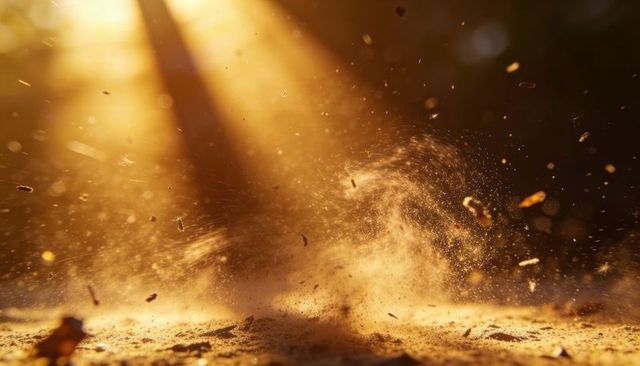 Golden dust swirling over dry soil with sunbeams, floating debris and micro particles