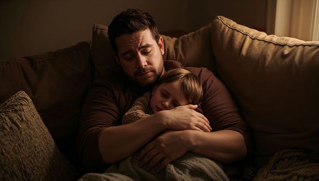 Father comforting child on sofa in nighttime warm cozy parenting bonding tender gentle care