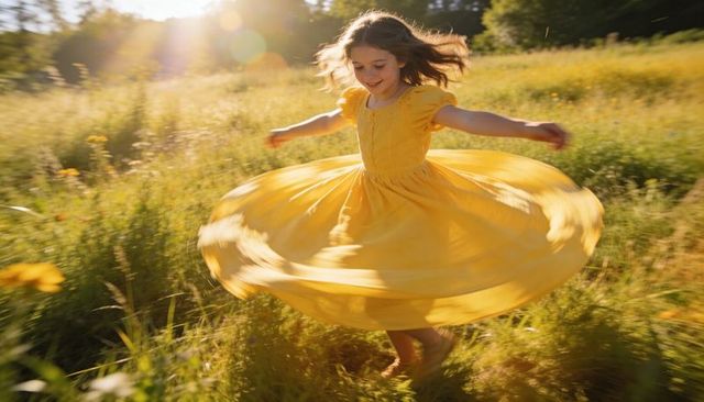 Joyful girl twirling in flowing yellow dress across sunlit meadow with wildflowers, capturing motion