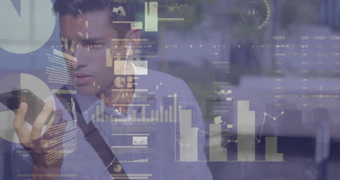 Businessman Analyzing Data Using Smartphone with Financial Overlays