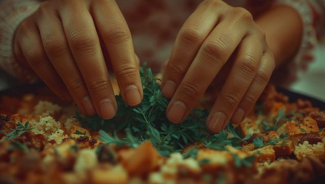 Placing fresh herbs over delicious gourmet salad