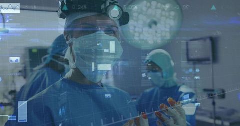 Medical team performing surgery with advanced technology overlays