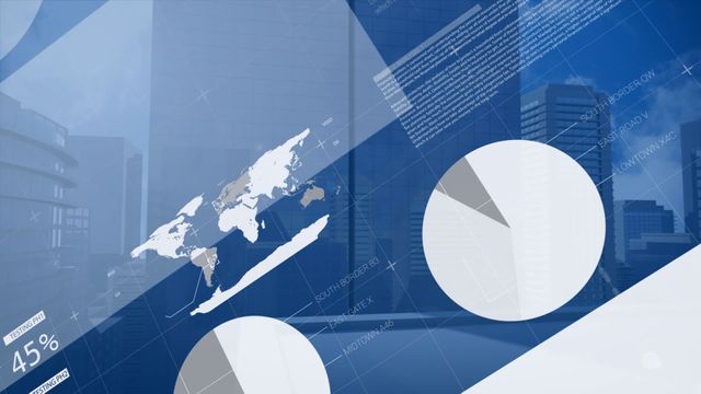 Graphic highlights the concept of digital data processing against an urban backdrop, featuring global technological themes. Useful for presentations on business analytics, future technology, or global communications solutions, illustrating modern data interfaces in an urban setting.