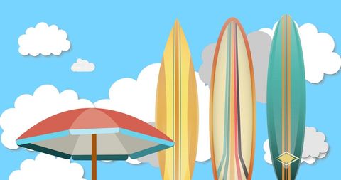 Colorful Surfboards and Umbrella Against Cloudy Sky