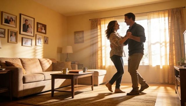 Sunlit couple dancing in cozy living room, sharing romantic morning and togetherness
