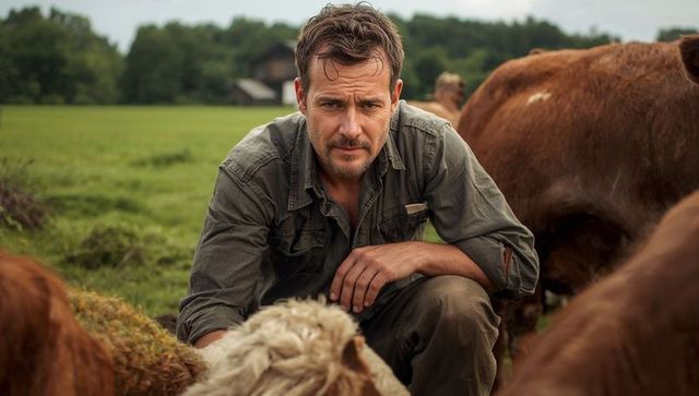 Crouching farmer feeding cows in lush pasture