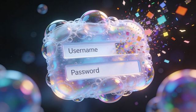 Floating iridescent bubble login interface with prismatic confetti and translucent fields