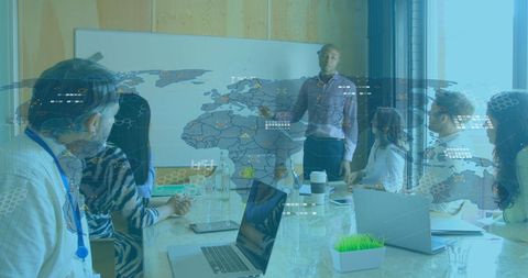 Global business meeting with virtual interface overlay