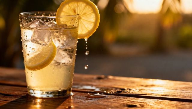 Glistening lemonade with ice and dripping lemon slice on sunlit wooden deck refreshing summer drink