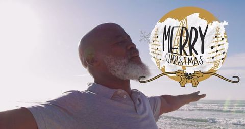 Joyful Man Embracing Sunrise Serenity on Sunny Seaside Christmas