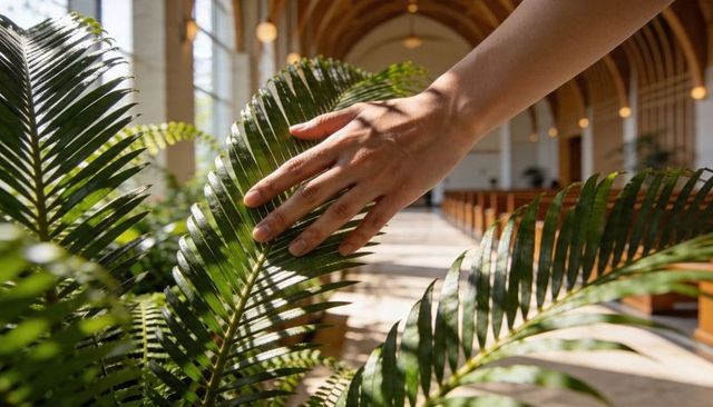 Right hand brushing glossy palm frond in sunlit chapel aisle with arched wooden pews